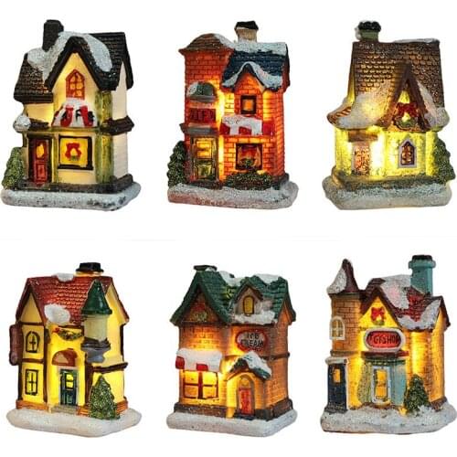 Luminous Christmas Scene House Village Figurines with Led Light Christmas Holiday Ornaments Gifts Snow-view house Xmas Decor