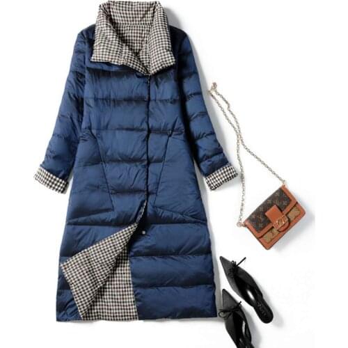 Warm Snow Plaid Outwear 2021 New Autumn Winter Women Double Sided Ultra Light Long Down Coat 90% White Duck Down Parkas