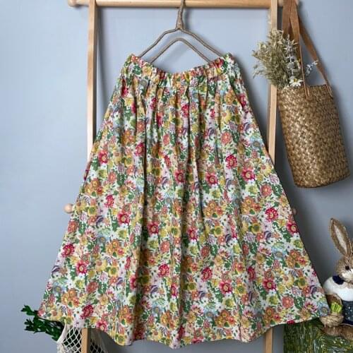 2021 Early Spring Women Floral Print Skirt Japan Style Mori Girl Elastic Waist Cotton Loose A-line Skirt