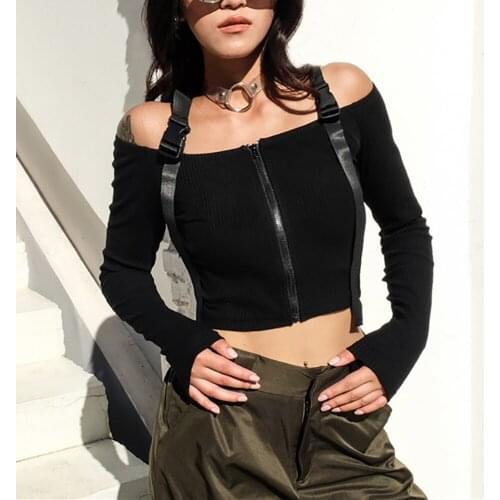 New Women Off Shoulder Slash Neck Zipper Strap Long Sleeve Short T-shirts Sexy Slim Cropped Tops Korean Harajuku Spring Autumn