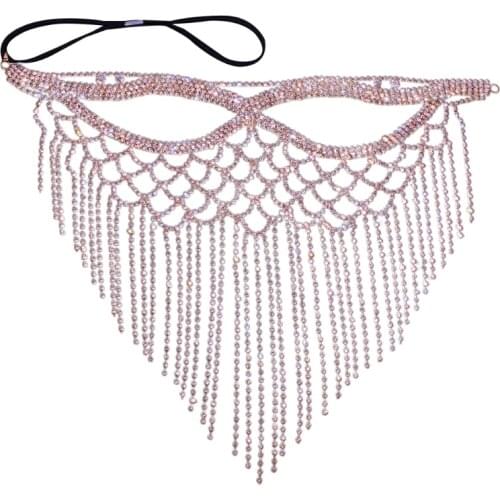 Q1FA Luxury Belly Dance Rhinestone Long Tassel Veil Eyemask Jewelry for Women Crystal Face Masquerade Mask Chain Accessories