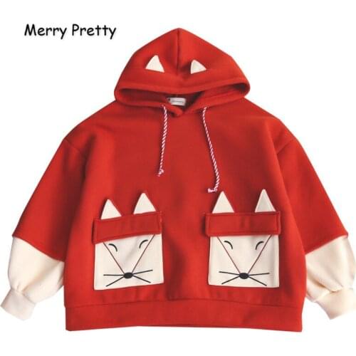 MERRY PRETTY Womens Cartoon Fox Embroidery Hoodies Sweatshirts With Ears On Hood Harajuku Kawaii Winter Plus Velvet Pullover