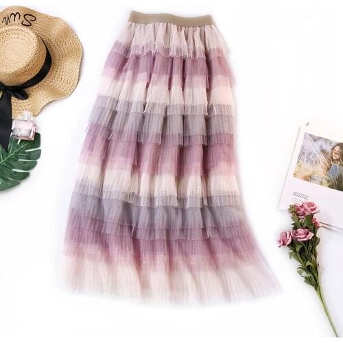 Wasteheart Autumn Women Fashion Pink Purple Skirts Women High Waist Ball Gown Pleated Ankle Length Skirt Mesh Clothing Gradient