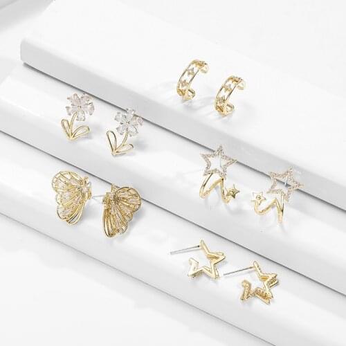 2020 New Trendy Gold Metal Hollow Small Star Earrings for Women Cute Butterfly Wing Earrings Flower Ear Studs Korea Jewelry Gift