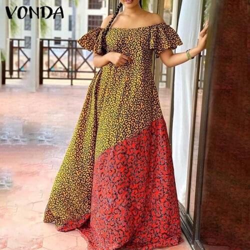 Women Elegant Off Shoulder Lace PartyLong Maxi Dress 2021 VONDA Vintage Print Patchwork Shorts Sleeve Dress Beach Casual Vestido