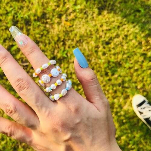 Irregular Simulated Pearls Heart Beaded Rings for Women Elastic Rope Colorful Seed Bead Finger Ring Boho Handmade Jewelry