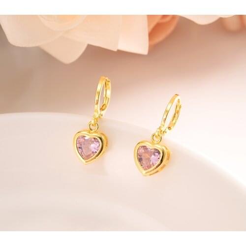 Gold CZ crystal heart stone pendant Earrings Women/Girls African/Arab kids gift fashion wedding party jewelry drop shipping