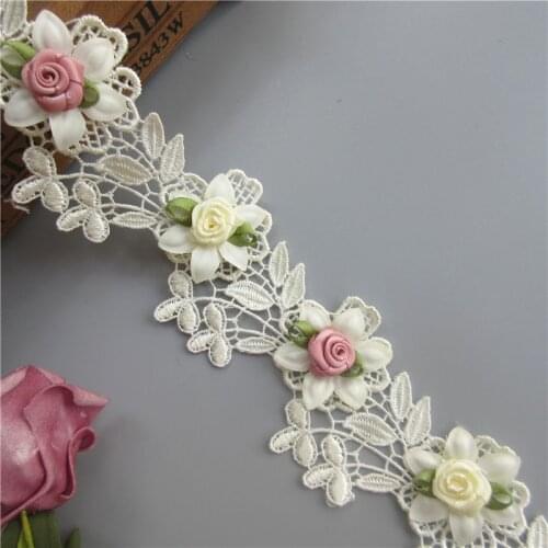 12X Apricot Polyester Rose Flower Embroidered Lace Trim Ribbon Fabric Sewing Craft For Costume Wedding Dress Decoration 6.5*5cm