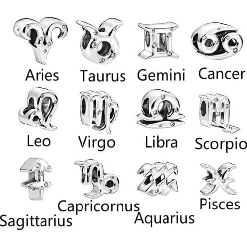 5PCS Wholesale Silver Color 12 Constellation Charms Sparkling Zodiac Sign Beads Fit Original DIY Women Bracelet Jewelry Making