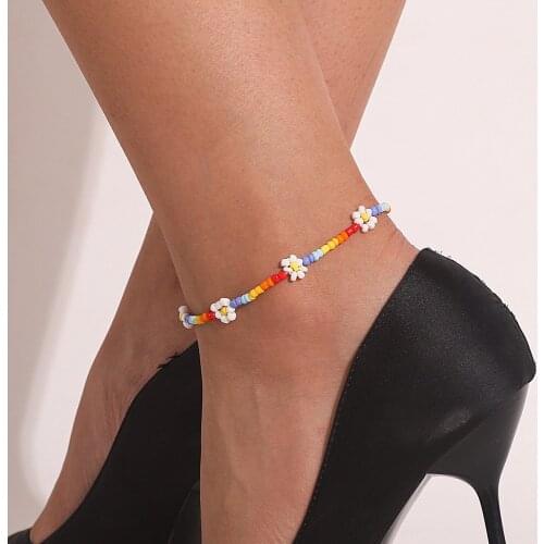 Fashion Glass Beaded Anklet For Women Royal Flower Floral Chain Anklets Beach New Style Summer Jewelry Accessories 21cm Long