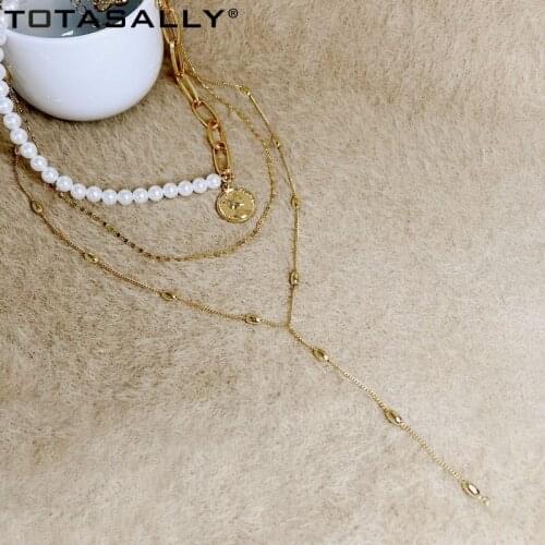 TOTASALLY Party Multi-layer Chain Necklace ins Hot Coin Pendant Simulated Pearl Metal Oval Beaded Necklace 2020 Trendy dropship