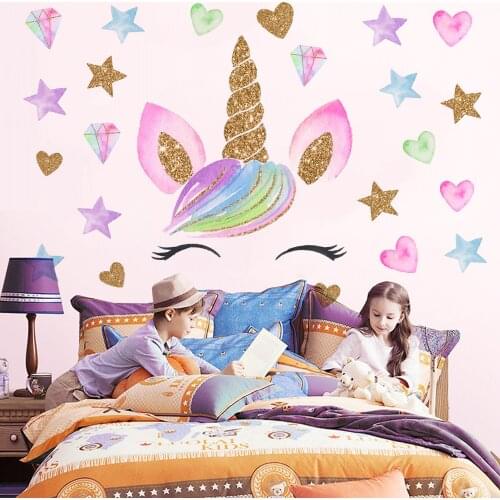 Diy Gold Unicorn Wall Sticker for Childrens Room Cartoon Decorative Sticker Star Unicorn Decal Removable Background Wall Decor