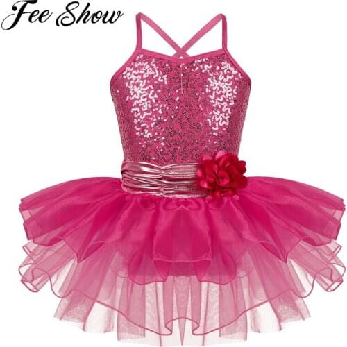 Kids Girls Flower Strap Athletic Lyrical Dance Costumes Parties Dancewear Ballerina Ballet Gymnastics Leotard Tutu Dress