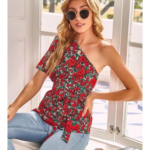 Women Skew Collar Short-Sleeve T-Shirt Tops Floral Print Tshirt Pullover Lace-Up Skinny T-Shirt Female Backless Elegant Red Tops