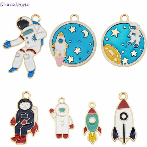GraceAngie 14pcs Alloy Enamel Astronauts Rocket Charms Mixed Shape For Necklace Bracelet Earrings Pendant Jewelry DIY Findings