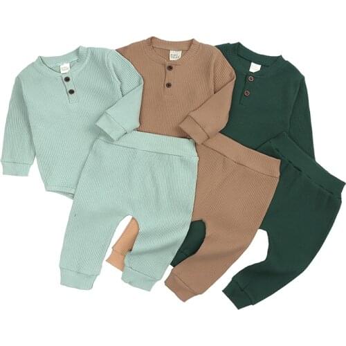 New arrival baby boy girl set ribbed cotton solid color autumn spring clothes long sleeve 2pcs Infant fashion outfit sets Cute