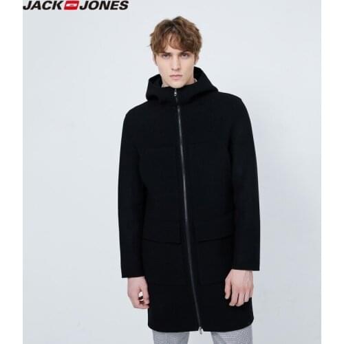 JackJones Mens Mid-length Hooded Stand Collar Casual Woolen Overcoat Menswear| 219427506