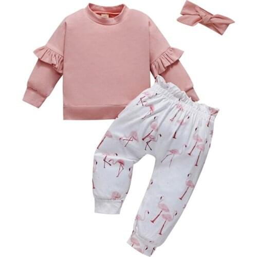 6-36 Months Baby Girl 3pcs Clothes Set Solid Pink Long Sleeve Tops And Flamingo Long Pants With Headbands Girls Spring Fall Set