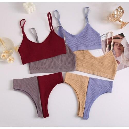 Fashion Seamless Women Top Panties Set Cotton Tops Low Waist String Underwear Set Soft Active Wear Lingerie Fitness Crop Top