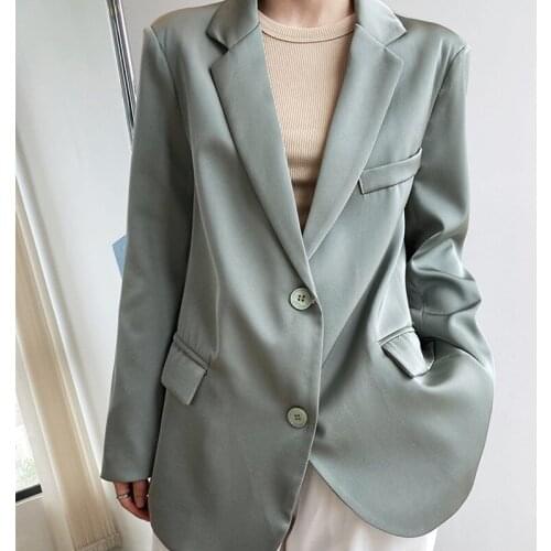 Fashion Autumn Loose Notched Collar Women Satin Blazer Full Sleeve Single-Breasted Soft Female Jackets Outwear 2021 BL257