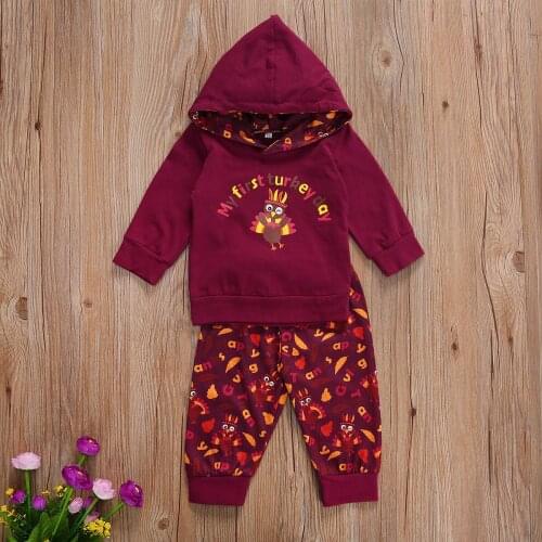 Imcute Baby Hooded + Trousers My First Thanksgiving Cartoon Print Loose Version Festive Clothing