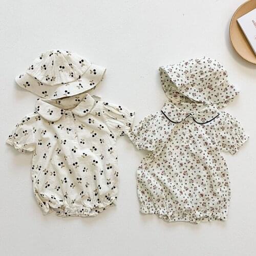 Newborn Infant Baby Girls Cherry Printing Rompers + Hat Clothing Summer Kids Girl Short Sleeve Rompers Clothes