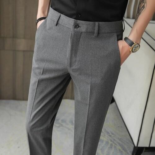 Solid Color Business Dress Pants Men Korean Stretch Wedding Trousers Belt Design Office Social Pants Streetwear Casual Trousers