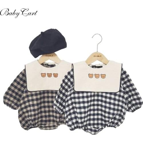 Autumn Boys and Girls Baby Bear Animal Bib Black and White Plaid Triangle Romper Jumpsuit