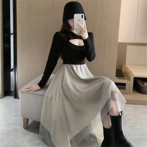 Hollow long-sleeved dress female autumn and winter new style slim waist irregular a-line dresses stitching kleid robe