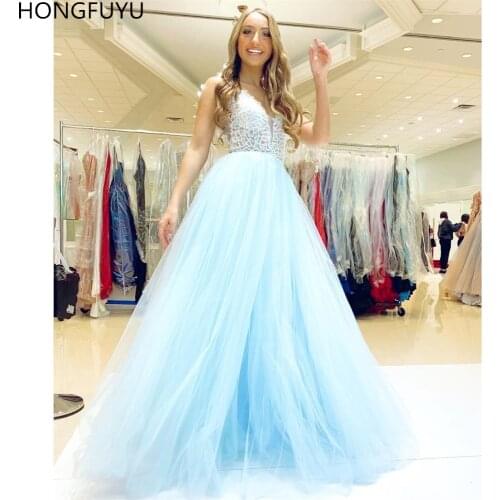 HONGFUYU gala jurken Prom Dresses Party Tulle A-line V Neck Evening Gowns for Women vestidos de gala Formal Dress With Beading