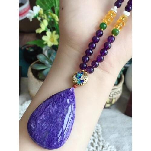 Natural Purple Charoite Water Drop Pendant 48×32×11mm Crystal Round Beads Men Woman Love Gift Necklace Pendant Jewelry AAAAA