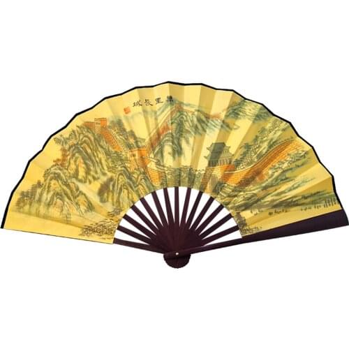 Chinese Style Great Wall Pattern Silk Bamboo Folding Hand Fan for Men Vintage Pocket Folding Fan ancient style