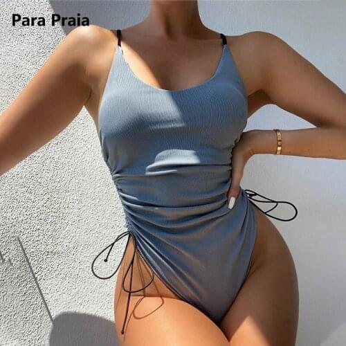 Para Praia 2021 New One Piece Swimsuit Push Up Monikini Pleated Drawstring Bandage Swimwear Sexy Backless Bathing Suit
