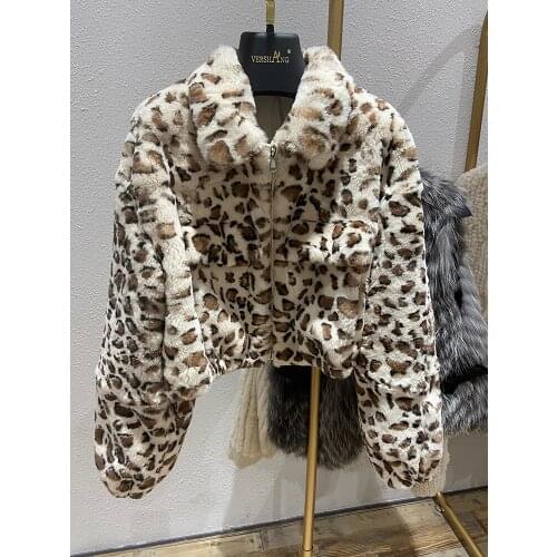 2021 Winter Fashion Leopard Print Design Real Natural Rex Rabbit Fur Short Jacket High Quality Furry Winter Coat