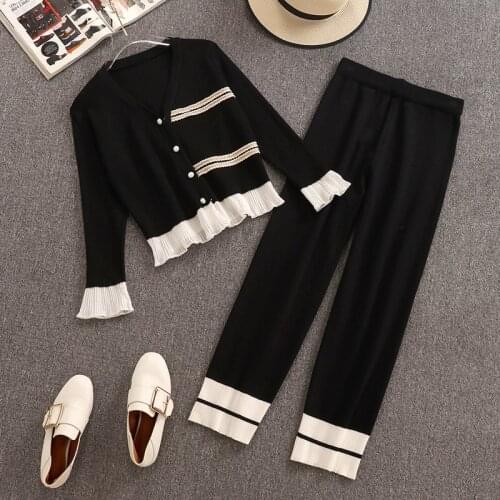 Korean New Knitted Pants Tracksuits Women 2020 Winter V-neck Cardigan Tops Trim Hem Ruffled Sweater + Wide Leg Pants 2 Piece Set