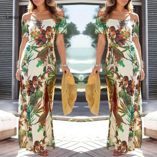 Sexy Slash neck Beach Summer Dress Women Floral Print Bohemian Dress and Wedding Guest Dress Female vestidos de verano