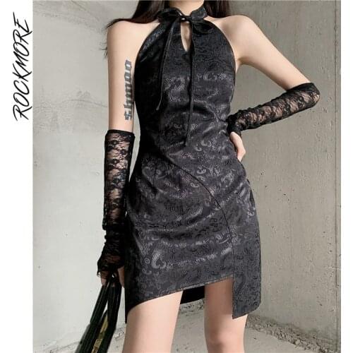 Rockmore Chinese Style Cheongsam Dress Ladies Lace Arm Sleeve Sexy Split Mini Dresses Womens Dress 2021 Gothic Black Backless