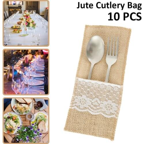 10 PCS Vintage Jute Burlap Linen Lace Cutlery Pouch Fork and Knife For Wedding Decoration Party Tableware Supplies Holders Bag