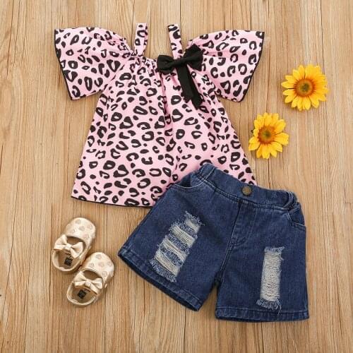 Girls Clothes Sets 9Months-4Years kids One Shoulder Collar Pink Leopard Tops+ Ripped Denim Shorts 2Pcs Children Casual Outfit