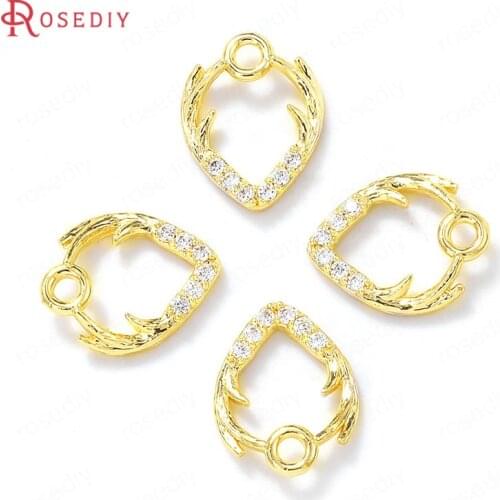 38659)4PCS 9x11MM 24K Gold Color Brass and Zircon Antlers Charms Pendants High Quality Jewelry Making Supplies Diy Accessories