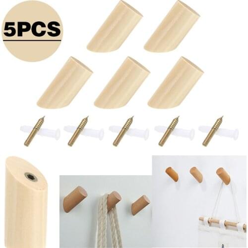 5pcs Natural Wooden Wall Mounted Hook 30mm Mini Scarf Keys Coat Hanger Hook Wall Door Hook With Screws Expansion Tube