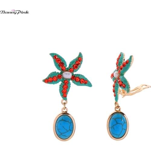 Banny Pink Bohemia Rhinestone Seastar Clip Earrings For Women Chic Stone Geometric Statement Earrings Beach Marine life Earrings