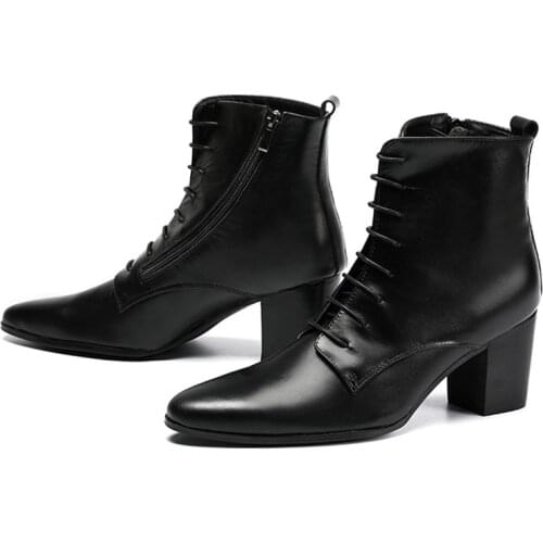 Black Soft Leather Ankle Boots Thick Heels Men Shoes Cowboy Boots Men High Heels 6.8cm Zapatos Hombre Lace Up Man Boots 46