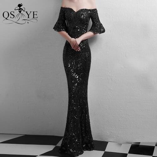 Black Sequin Evening Dresses Mermaid Prom Gown Long Flare Sleeves Party Gown Off Shoulder Formal Dress Fit Woman Decent Gown