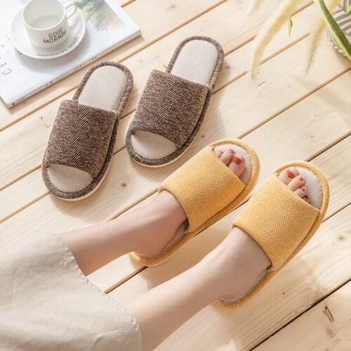 Women Cozy Slipper Home Cotton Linen Open Toe Non-Slip Shoes Soft Flip Flops Indoor Bedroom House Female Men Couple Slides