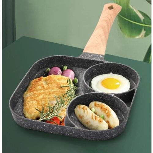 Household 2 Holes Frying Pan Non Stick Breakfast Burger Egg Pancake Maker Wooden Handle Multifunctional Home Kitchen Accessories