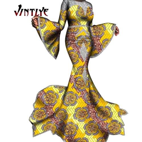2021 Women Summer Dress African Fabric Print Dresses One-Shoulder Flared Sleeve Mermaid Dress Maxi Long Dress Unique WY8788