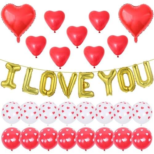 Red Heart Shape Balloons Mix 16 Inch I Love You Letter Foil Air Balls Red Heart Polka Dot Globos Wedding Decors Valentines Gifts