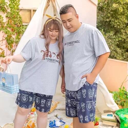 Summer casual couples home service cotton cartoon plus size loose short-sleeved shorts fat brother fat mm100 kg