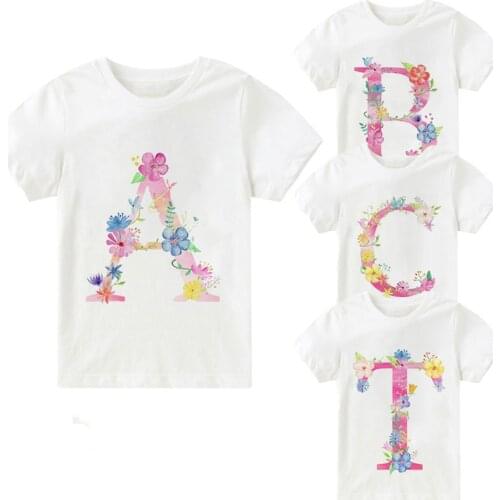 Summer New T-shirt Fashion Floral Alphabet Girls Tshirts Harajuku kawaii Tshirt Flowers Element Nice Round Neck Kids Tshirt Tops